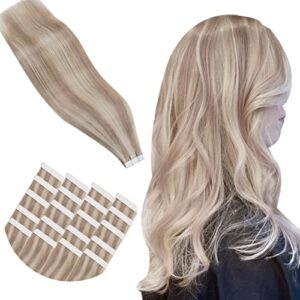 Hetto 16Inch Tape in Hair Extensions Blonde Human Hair Tape in Extensions Remy Hair Tape in Hair Extensions Ash Blonde Mix Bleach Blonde #18/613 50g