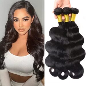 Li&queen Body Wave Bundles 3 Bundles 14 16 18 inch 8A Brazilian Body Wave Human Hair Extensions for Black Women Msgem 100% Unprocessed Virgin Human Hair Weaves Bundles Extensions Natural Colo