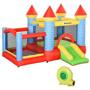Outsunny Kids Bounce Castle House Inflatable Trampoline Slide Water Pool Basket 4 in 1 with Blower for Kids Age 3-8 Castle Design 2.8 x 2.6 x 2.1m