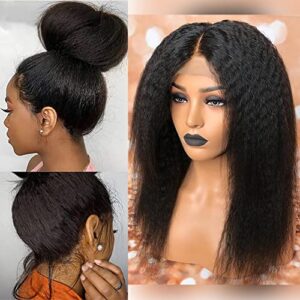Lace Front Wigs Human Hair for Black Women 13x4 Kinky Straight Human Hair Wigs Glueless Brazilian Virgin Human Hair Yaki Wigs Pre Plucked Bleached Knots 180 Density Natural Color (16 Inch Wigs)