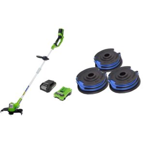 Greenworks Cordless Lawn Trimmer Deluxe Model G24LT30MK2 & Trimmer Spool and 1.65mm Double Line 4.8m incl. 3 Packs for Greenworks 40V Lawn Trimmers G40LT G40LTK2 G40LTK2x