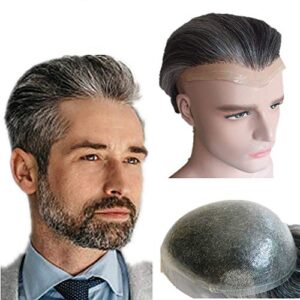 100% Human Hair Mens Toupee Gray Hairpieces for Gentlemen Hair replacement System Man hair piece soft Thin Skin PU base invisible