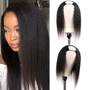 Huarisi U Part Kinky Straight Wig Human Hair 16 inch Brazilian Yaki Wigs with Clips in Extension Glueless Upart Wigs None Lace Natural Color Can be Dyed