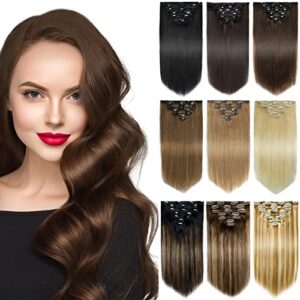 Yamel Human Hair Extensions Clip in Real Hair 7Pcs 16 Clips Remy Clip in Hair Extension Human Hai