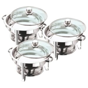 Vinod STAINLESS STEEL ROUND BUFFET CHAFING DISH GLASS LID 4.5 LITRE FOOD WARMER CATERING 30CM DIAMETER (Set of 3)
