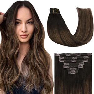 YoungSee Hair Extensions Clip in Human Hair Dark Brown Clip in Hair Extensions Human Hair 22 Inch Darkest Brown with Medium Brown Balayage Real Hair Extensions Clip in Human Hair 7pcs 120g