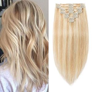 Elailite Clip in Hair Extensions Real Human Hair Remy Natural Hair - 8 Pieces Standard Weft Full Head Straight - #18/613 Ash Blonde Mix Bleach Blonde - 18 Inch (100 g)