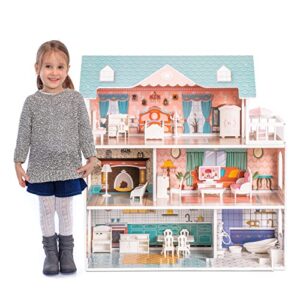 ROBUD Wooden Doll House with Accessories and Furniture for Little Girls Toy Gift for 3 4 5 6 Years Old Kids