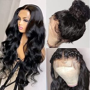 Human Hair Wig Body Wave 13x4 Lace Front Wigs Human Hair Real Hair Wigs for Black Women 180% Density Pre Plucked with Baby Hair Brazilian Hair Wig Natural Black (20 inch)