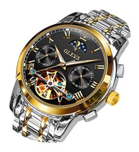 OLEVS Mens Watch Automatic Mechanical Winding Moon Phase Stainless Steel Two Tone Date Waterproof Luminous