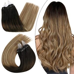 Ugeat Micro Rings Human Hair Extensions 22 Inch Micro Beads Hair Extensions Balayage #2/6/12 Dark Brown to Medium Brown with Light Brown Hair Extensions Easy Loop 50 Grams 50 Strands