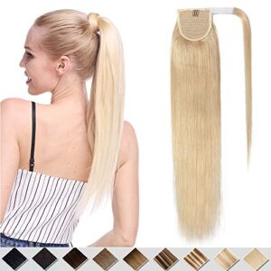 Wrap around Ponytail Hair Extension with Clip in One Piece Remy Human Hairpiece Straight 20 inches #613 Bleach Blonde