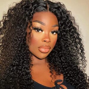 22Inch Curly Human Hair Wig Original Queen Lace Front Wigs for Black Women Brazilian Virgin Human Hair 4X4 Lace Closure Wigs Pre Plucked Deep Curly Human Hair Wigs 1B Black Color (55cm)…