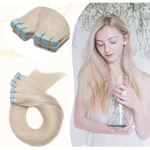 12"-24" 100% Remy Hair Real Natural Tape in Human Hair Extensions 7A Skin Weft Straight 40pcs 100g - 16inches #70 Platinum White
