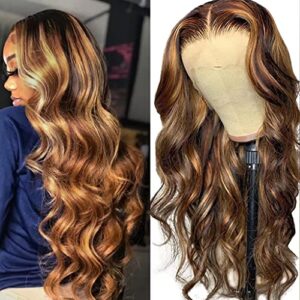 Bele Ombre Highlight 4/27 Color Body Wave 13x6 T-Part Lace Front Wigs 150% Denisty Brazilian Virgin Body Wave Glueless Lace Front Wigs Human Hair with Baby Hair for Black Women 22 inch