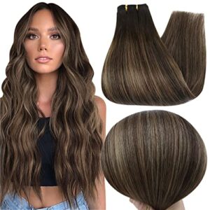 Fshine Weave Hair Extensions Human Hair Dark Brown Fading to Ash Brown Highlight with Dark Brown Weft Hair Extensions 100 Gram Balayage Human Hair Weft 20 Inch Sew in Weft Extensions