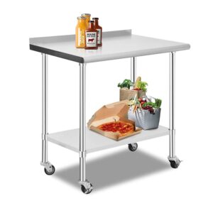 onchean Stainless Steel Prep Table Double Layer Commercial Kitchen Work Table Multifunctional Restaurant Table Heavy Duty Worktable with Backsplash Casters Wheel for Kitchen Restaurant 91x60x90cm