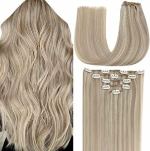 LaaVoo Blonde Clip on Hair Extensions Real Human Hair Remy Hair Extensions 20 Inch Clip in Highlight Blonde Double Weft Human Hair Extensions Clip in Remy Human Hair Extensions 5pcs 70g
