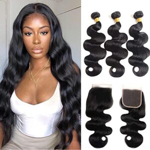 Brazilian Virgin Human Hair Body Wave Bundles with Closure 100% Unprocessed Body Wave 3 Bundles With Closure Natural Black Color (1618 20+14 Inch