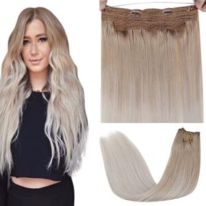[Limited Promotion] LaaVoo 80g Secret Wire Hair Extensions Remy Human Hair Ombre Blonde 14inch Fishing Line Extensions Ombre Ash Blonde Balayage Platinum Blonde One Piece Clip in Real Hair Extensions