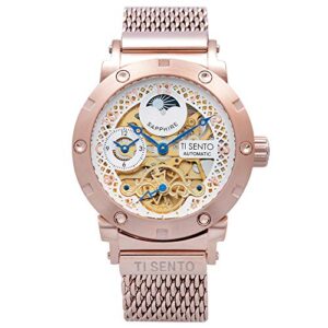 Automatic Watch Skeleton Stainless Steel Sappire Crystal Glass Made in Korea by TiSento (Gold Colour Chain)