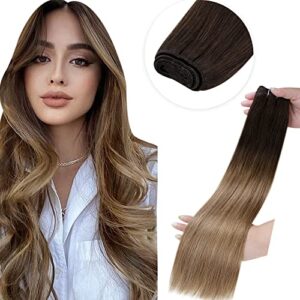 LaaVoo 16inch Hair Extension Human Hair Weave Balayage Brown Human Hair Weft Hair Extensions 100g Ombre Brown Real Hair Weft Extensions Brown Sew in Weft Remy Hair Extensions