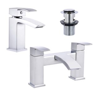 Celala Bathroom Waterfall Basin Taps with Pop-up Waste and Square Bath Taps Set Chrome Brass Sink Mixers