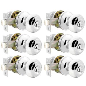 6 Pack Probrico Entry Door Knob with Key Stainless Steel Exterior Door Handle Tulip Security Front Door Lock Set Polished Chrome