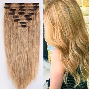 Double Weft Human Hair Extensions Clip in Real Remy Hair Full Head 8 Piece - 14 inch 120g #27 Dark Blonde - Thick Long Straight Natural
