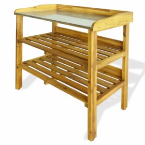 Foecy Potting Bench Wooden Potting Planting Table Working Decorative Bench with 2 Shelves for Garden Solid Acacia Wood and Zinc