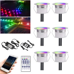 LED Decking Lights RGB WiFi Multicolor Chasing Effect Waterproof IP67 Timing Music Sync Ø45MM DC12V Work with Alexa/Google Home Recessed Deck Lights for Christmas/Steps/Path/Kitchen/Garden-6 Pack