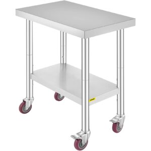 Succebuy Stainless Steel Dining Table 762x457 mm Catering Work Table 30x18Inch Stainless Steel Table with 4 Wheels Commercial Food Prep Workbench with Flexible Adjustment Shelf for Kitchen Prep Table            [Energy Class B]
