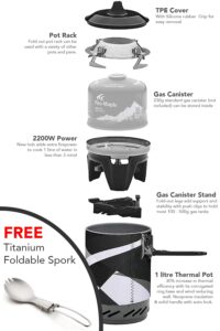 Fire-Maple 2022 Version FMS-X2 Ultralight Compact Windproof Cooking Jet Boiler Stove | Titanium Spork Piezo Ignition Support & Stand (Black | 2200W)