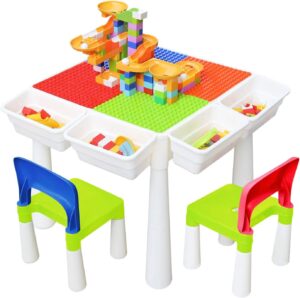 KORIMEFA Kids Table and Chair Set Water Sand Multi-Activity Table with 2 Chairs and 120 Pcs Large Size Blocks Toy Storage for kids Toys for Boys and Girls