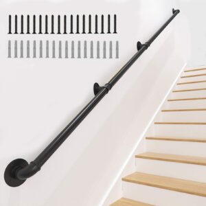 Lechansen Handrail Staircase for Indoor/Outdoor Stairs 10FT / 3 Meter Wall Mount Industrial Rustic Black Metal Pipe Staircase Handrails/Hand Railings with 4 Wall Mount Supports for Stairstions