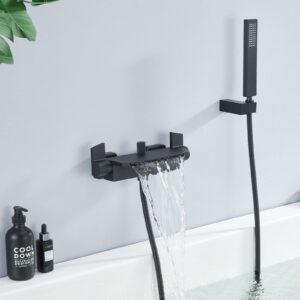HOMELODY Black Waterfall Bath Tap with Shower Bath Mixer Shower Tap Wall Mounted Bathtub Faucet Mixer Tap Single Lever Brass Mixer Tub Tap