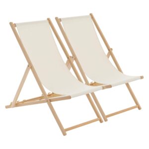 Harbour Housewares 2x Cream Wooden Deck Chair Traditional FSC Wood Folding Adjustable Garden/Beach Sun Lounger Recline