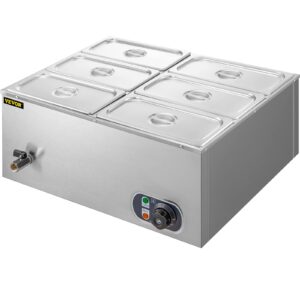 VEVOR Countertop Food Warmer 6-Pan Commercial Food Warmer 850W Electric Countertop Steam Table 15cm/6inch Deep Stainless Steel Bain Marie Large Capacity 7 Quart for Buffet Catering