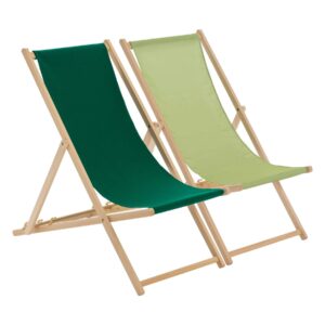 Harbour Housewares 2 Piece Lime & Green Wooden Deck Chair Traditional FSC Wood Folding Adjustable Garden/Beach Sun Lounger Recline