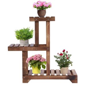 Plant Stands Indoor Outdoor 3 Tier Display Ladder Shelf Wooden Plant Pot Holder Tiered Plant Stand Plant Ladder Indoor Carbonized Workmanship Plant Display Stand 55x66cm/21.6x26.0i