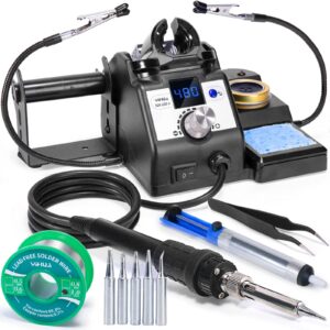 YIHUA 926LED IV 60W Digital Soldering Iron Station Kit w Temperature Stabilization for Soldering & Desoldering w Helping Hands 5 Extra Soldering Iron Tips Lead-Free Solder Wire Solder Sucker(Silver)