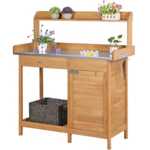 Yaheetech Potting Bench Table Wooden Planting Bench Table with Cabinet and Drawers Metal Surface Work Station Bench with Hooks and Shelf Wood