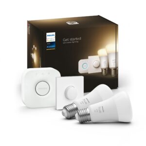 Philips Hue New White Smart Light Bulb Starter Kit [E27 Edison Screw] 2 Pack + Smart Button. with Bluetooth. Works with Alexa