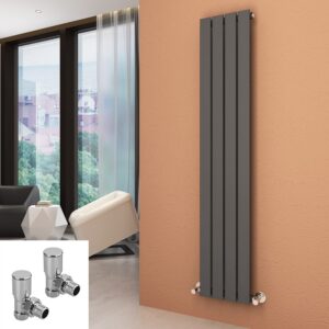 ELEGANT Vertical Radiators Anthracite Column Designer Tall Upright Flat Panel 1600 x 300 mm Single Radiators with Angled Valves