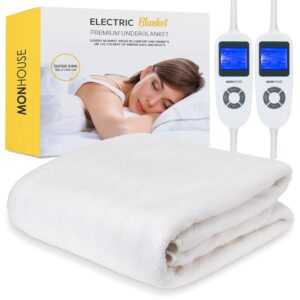 MONHOUSE Premium Soft Fleece Electric Blanket - Heated Under Blanket - King 180x200cm - Fitted Heated Mattress Cover - Detachable & Machine Washable - Dual Controller Multi Zones