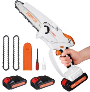 Mini Chain Saw TORRYZA 6-Inch Mini Chainsaw with 2 Battery Cordless Electric Chain Saw 2.7Lbs Lightweight Handheld Chainsaw Small Battery Chain Saw for Branch Cutting Garden Tree Trimming -White