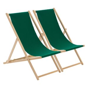 Harbour Housewares 2x Green Wooden Deck Chair Traditional FSC Wood Folding Adjustable Garden/Beach Sun Lounger Recline