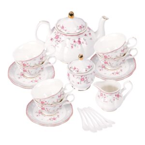 fanquare 21 Pieces Pink Rose Porcelain Tea Set with Spoons