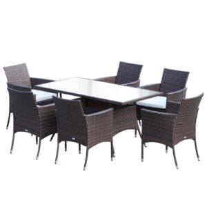 Outsunny Rattan Garden Furniture Dining Set 6-seater Patio Rectangular Table Cube Chairs Outdoor Fire Retardant Sponge Brow