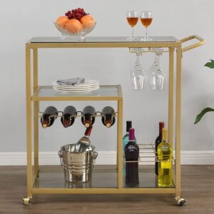 Golden Glass Lux Bar Cart with Wine Rack&Glass Holder